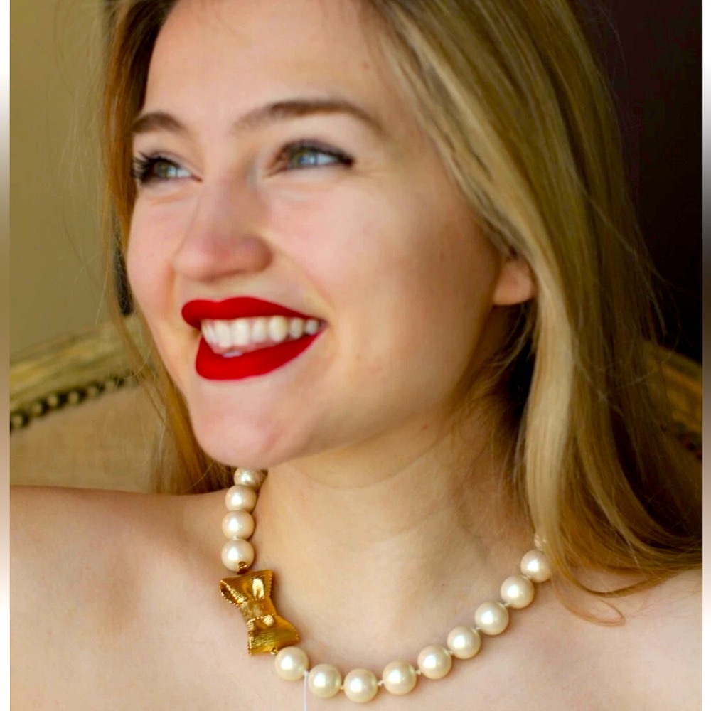 Kate Spade “All Wrapped Up Pearls” Necklace Gold 18" Ribbon Bow BRIDAL w dusty